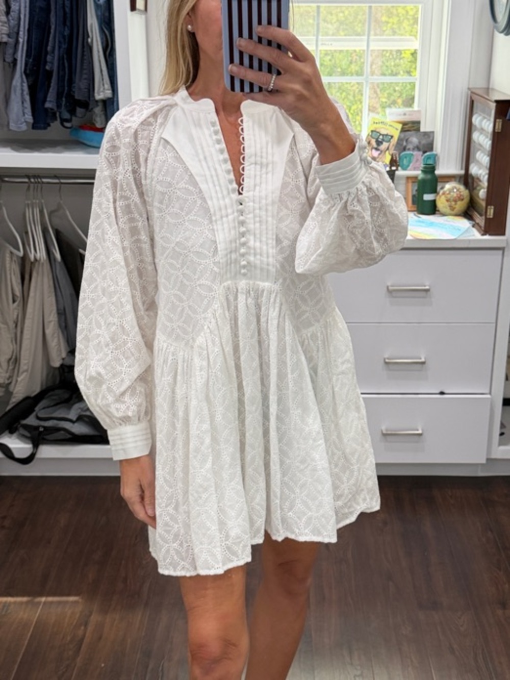 Amazon White Lace V-Neck Bishop Sleeve Mini Dress